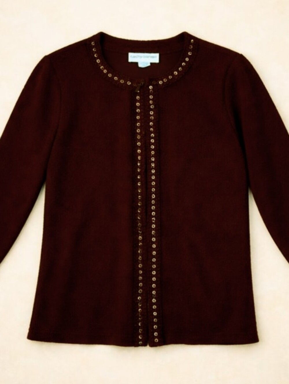 Cathy Daniels Chocolate Brown Bouclé knit Beaded Zip Up Top/Jacket - L